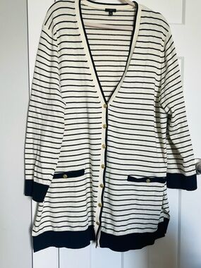 Talbots Cream and Black Striped Cardigan with Gold Buttons